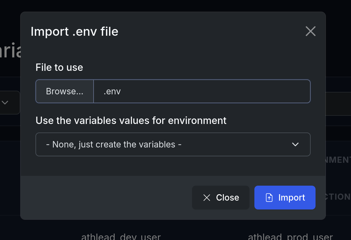 Import env file dialog no env