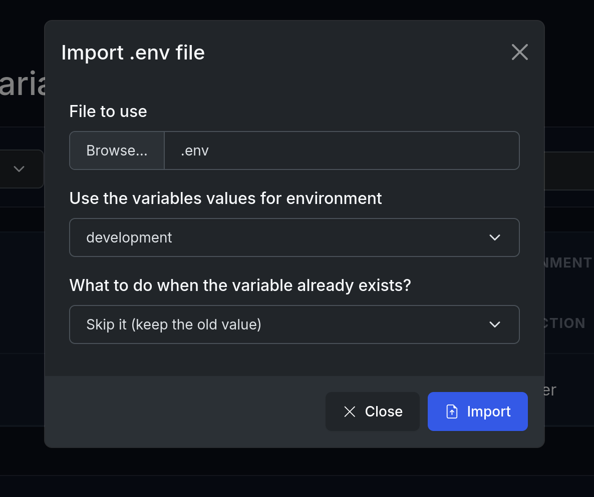 Import env file dialog with env