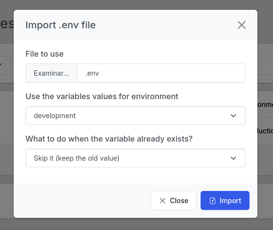 Import env file dialog with env