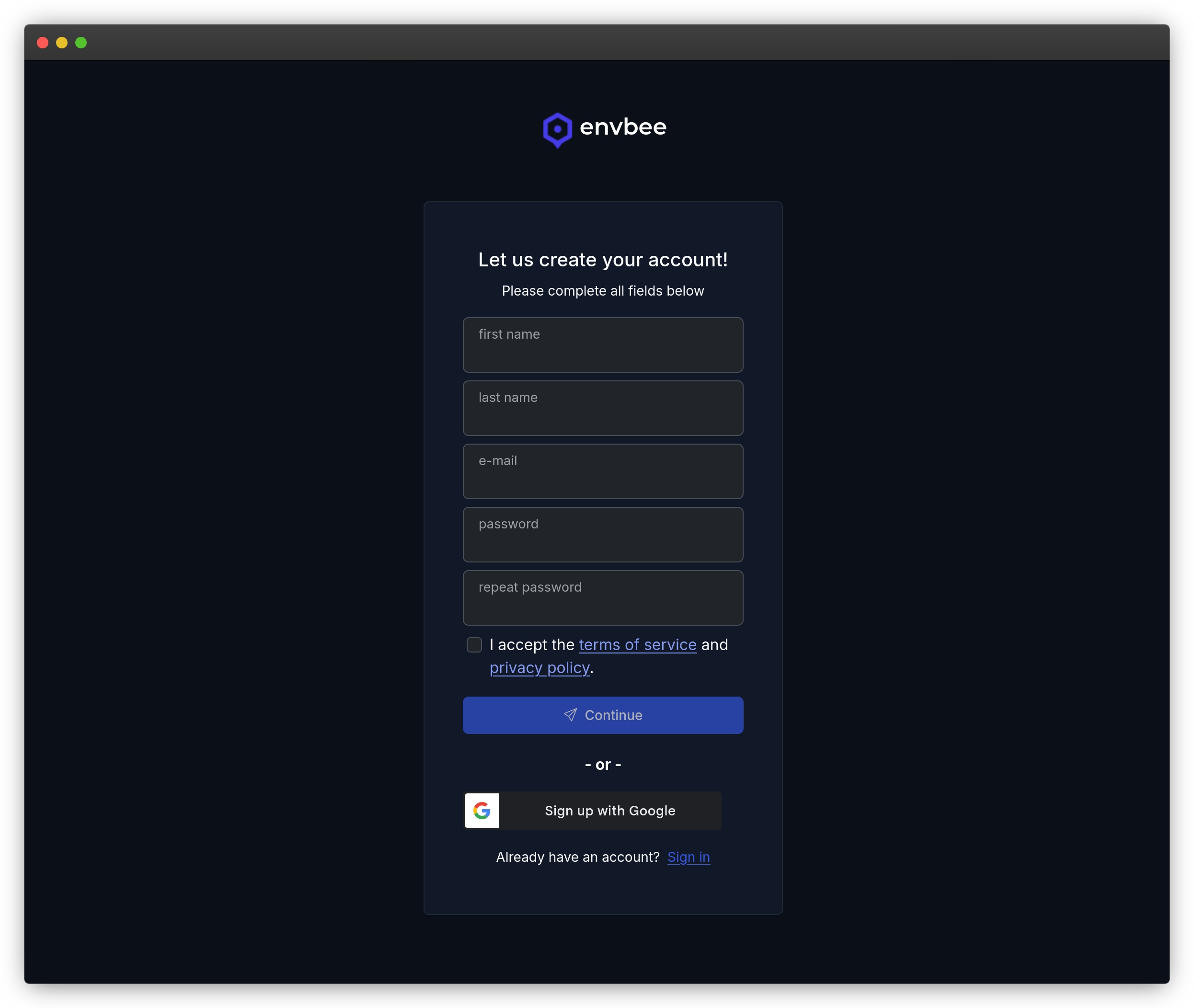 Sign-up screenshot